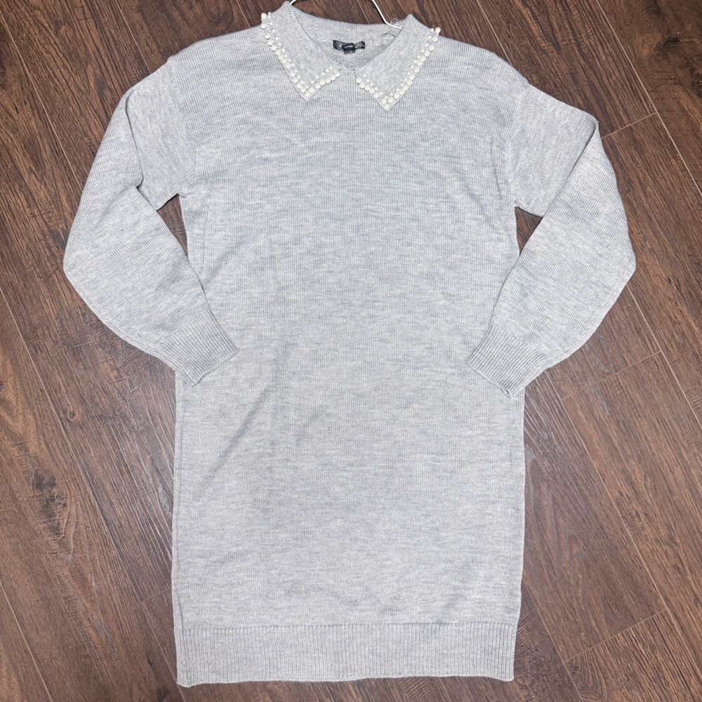 SWNY GRAY SWEATER DRESS PEARL EMBELLISHED COLLAR LONG SLEEVES